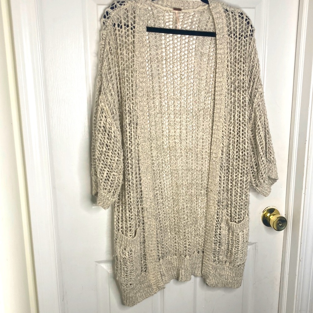 Free People Cream Grey Open Knit Cardigan Long Cotton Blend Size S Pockets